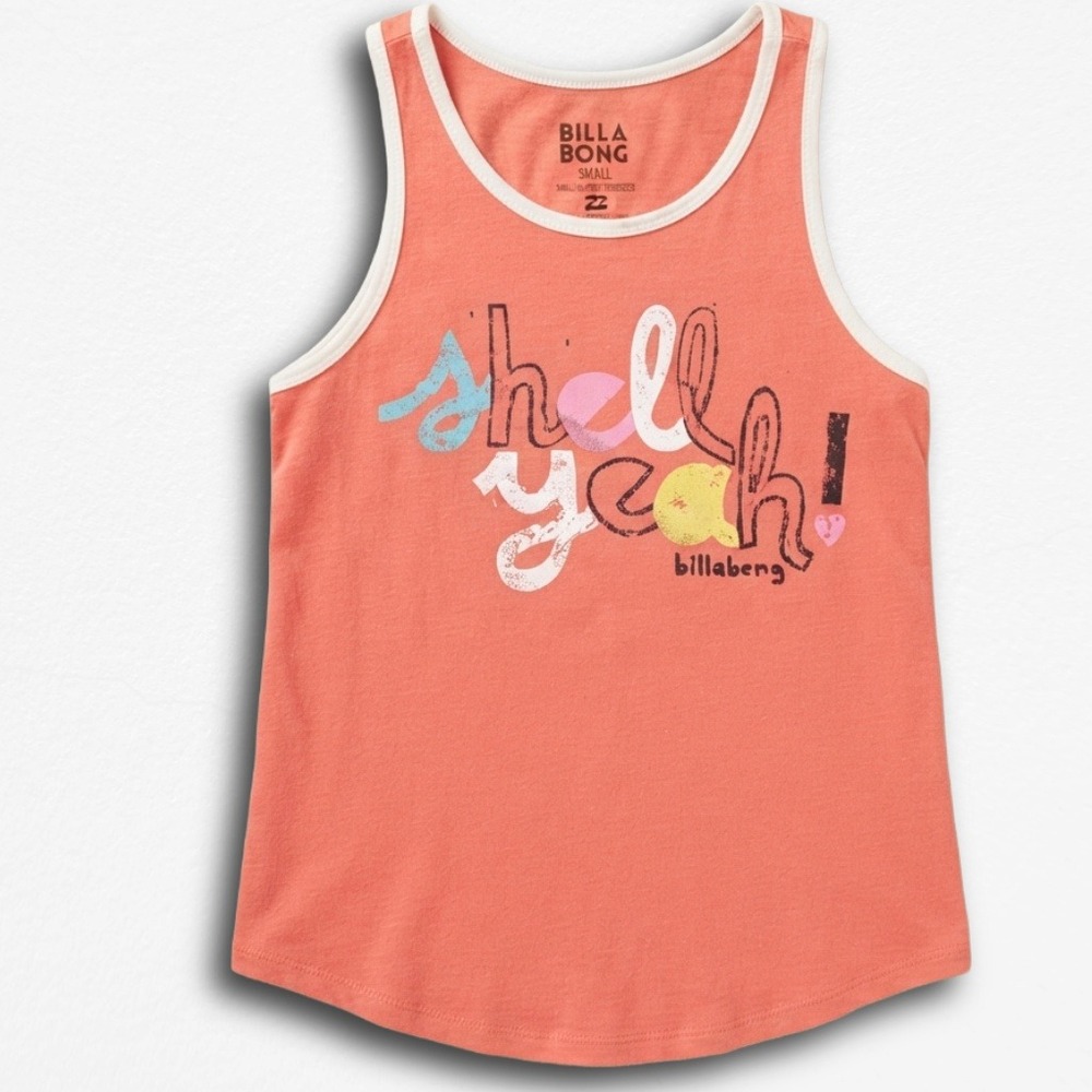 Billabong Womens Shell Yeah Graphic Tank Top Coral Pink Orange Ringer Small
